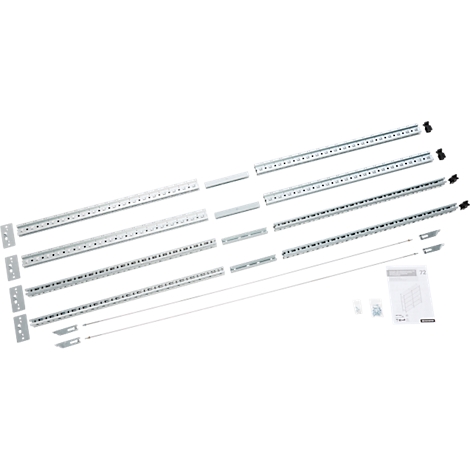 Overhead view of various metal rails, brackets and small parts. Parts of a construction are on a white background.