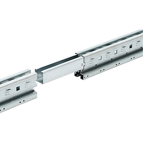 Two telescopic rails are pulled apart, showing the inside of the guide rails.