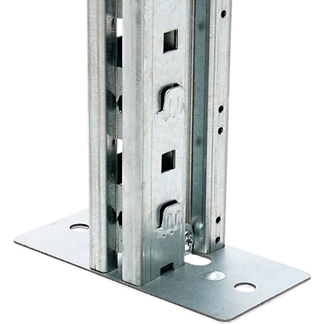 Detailed view of a metallic shelf support. It has square openings and hooks for mounting. The support is fixed to a flat base plate.
