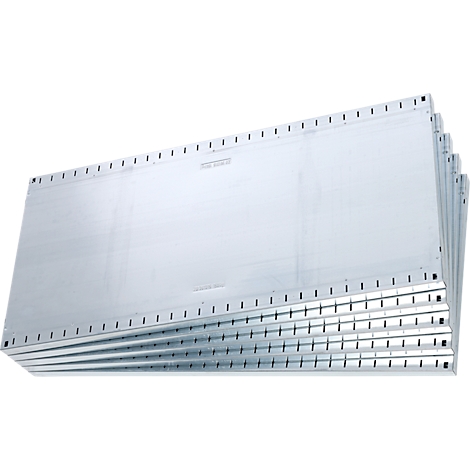 Stack of rectangular metal plates with holes on the edges. The plates are arranged slightly inclined.