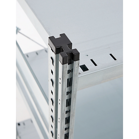 Detail shot of a black, square corner connector mounted on a silver shelf.