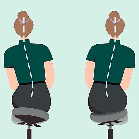 Twee personen, achteraanzicht, zittend op bureaustoelen. Eén persoon heeft een rechte wervelkolom, de andere persoon heeft een scheve houding.