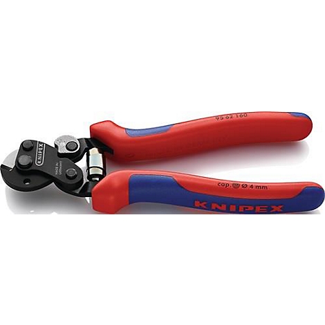 Rode en blauwe tang met een zwarte kop. De tekst "KNIPEX" is zichtbaar.