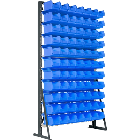 Een zwart metalen rek uitgerust met talrijke blauwe opbergbakken op verschillende niveaus.