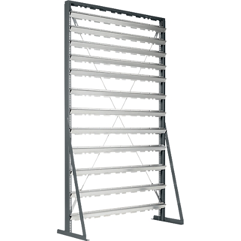 Hoog, vrijstaand metalen rek met grijze zijframes en zilverkleurige horizontale steunrails.