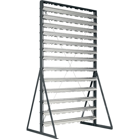 Hoog, vrijstaand metalen rek met veel horizontale opbergvakken op een grijs frame.