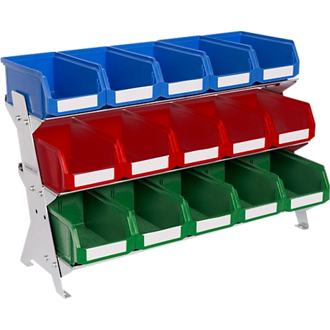 Rek met drie rijen gekleurde bakken. Blauw bovenaan, rood in het midden en groen onderaan. Elke bak heeft een wit label.