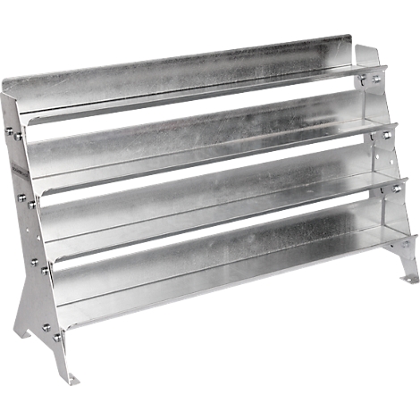 Metalen plank met vier niveaus. De plank staat iets schuin en is volledig zilver.