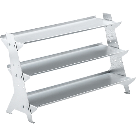 Drie niveaus zilveren metalen schoenenrek. Open ontwerp, schuine zijsteunen.