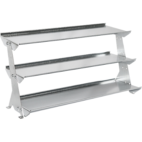 Metalen halter voor dumbbells met drie niveaus, schuin geplaatst, verbonden met klinknagels.
