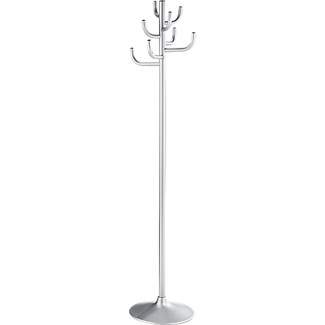 Zilveren kapstok met een verticale paal, een ronde voet en meerdere gebogen haken.