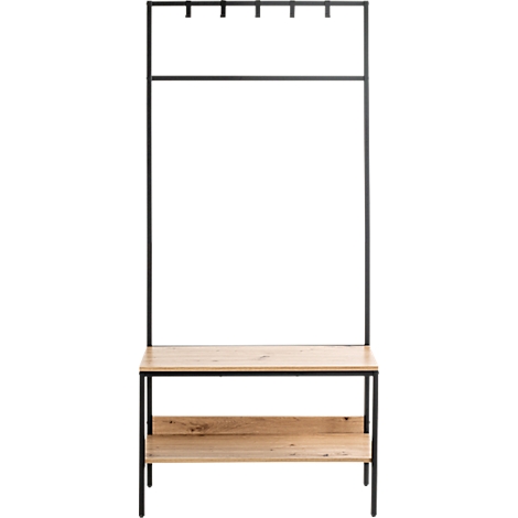 Metal en houten kapstok. Haken boven, kledingrek eronder, twee planken eronder.