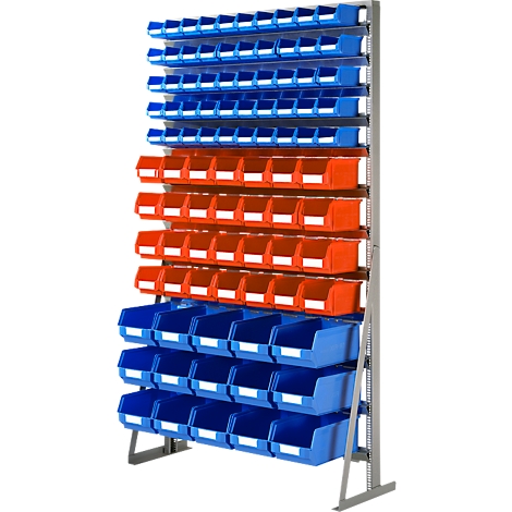 Rek met blauwe en oranje containers, klaar voor opslag.