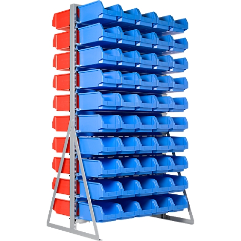 Opslagrek met blauwe en rode plastic bakken.