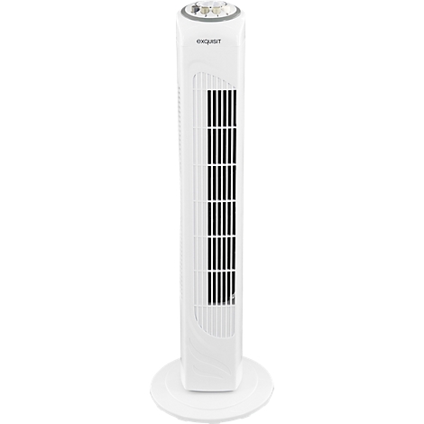 Witte torenventilator met zwart rooster en ronde voet, de basis van de ventilator heeft een ronde vorm.