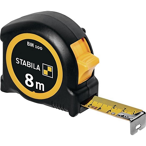 STABILA Taschenrollbandmaß BM 100, 8m x 25mm, EG II, ABS/TPE Gehäuse, Metall-Clip