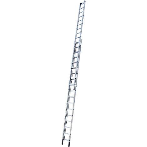 A silver, extendable ladder standing against a white background.