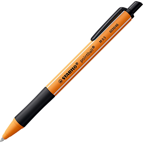 Een oranje pen, merk STABILO, met een zwarte clip en grip.