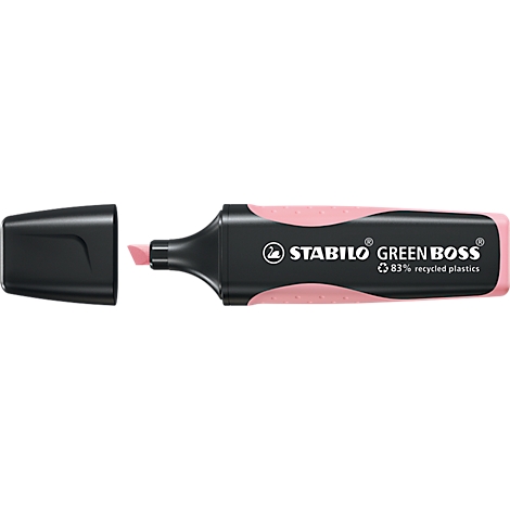 Ein rosafarbener Textmarker mit schwarzer Kappe liegt daneben. Auf dem Stift steht "STABILO GREEN BOSS".