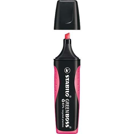 Een roze Stabilo Green Boss markeerstift, met een zwarte behuizing en de dop verwijderd.
