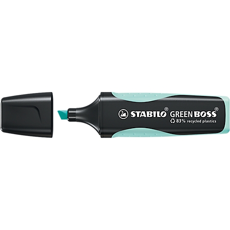 Zwarte STABILO GREEN BOSS markeerstift met turquoise punt en dop. 83% gerecycled plastic.