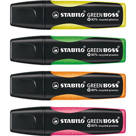 Vier Textmarker in Gelb, Grün, Orange und Pink mit schwarzer Kappe, der Marke Stabilo Green Boss.