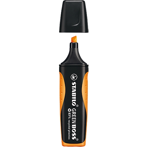 Un surligneur orange avec un corps et un capuchon noirs. Le marqueur porte l'inscription "STABILO GREEN BOSS".