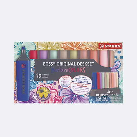 Ein Schreibtischset von Stabilo Boss Nature Colors mit 10 Textmarkern und einem blauen Textmarker. Aufschrift: Boss Original Deskset.