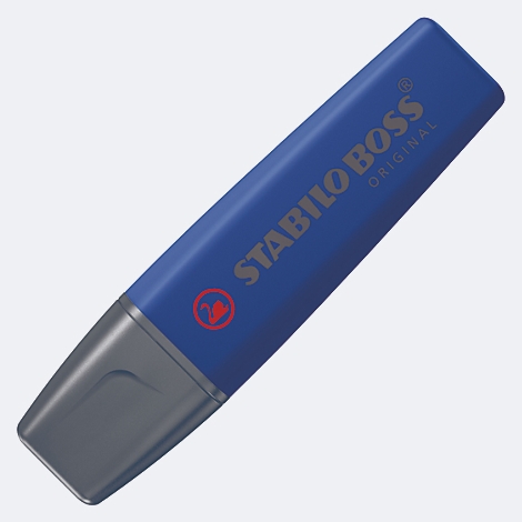 Blauer Textmarker mit grauer Spitze. Aufschrift "STABILO BOSS ORIGINAL".