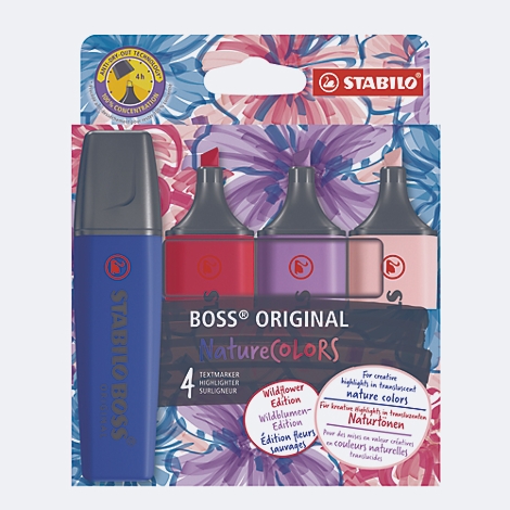 Packung STABILO Textmarker in Naturfarben. Ein Stift und drei Marker in Rot, Lila und Rosa vor floralem Hintergrund.