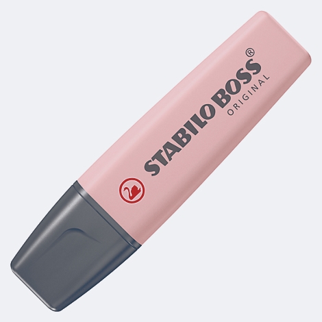 Hellrosa Textmarker von Stabilo Boss. Schwarze Schrift: STABILO BOSS ORIGINAL, sowie ein rotes Logo.
