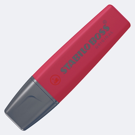 Ein roter Textmarker von Stabilo Boss. Schwarze Spitze. Aufdruck: Stabilo Boss.