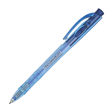Blauer Kugelschreiber, transparent, mit Clip und Beschriftung.