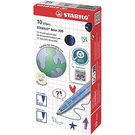 Eine Packung STABILO liner 308 Kugelschreiber. Aufdrucke mit Produktinformationen und Zeichnungen, blauer Stift zeichnet. Roter Karton.