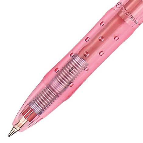 Nahaufnahme eines rosafarbenen Stiftes, bei dem die Mechanik durch das transparente Gehäuse sichtbar ist. Der Stift ist von der Marke Stabilo.