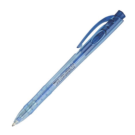 Blauer Kugelschreiber, transparentes Gehäuse, silberne Spitze. Mit Clip.