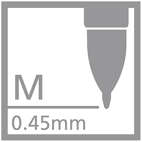 Graues Quadrat mit Stiftspitze rechts, links 'M' und darunter '0.45mm'.