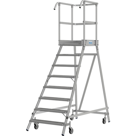 Une échelle de plate-forme mobile argentée. Elle comporte sept marches et une balustrade avec deux mains courantes.