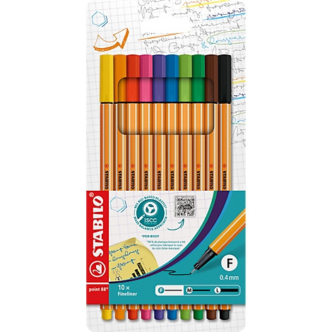 A pack of Stabilo fineliners in various colors, with a detailed product image, on a checkered paper background.