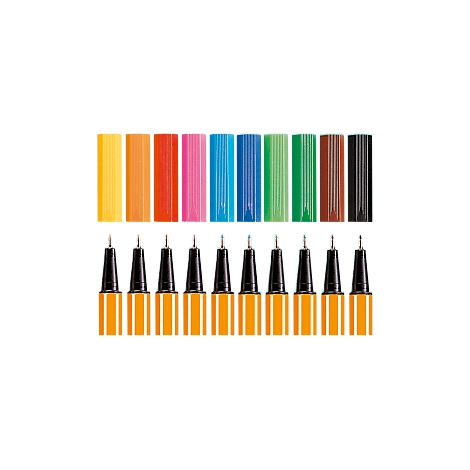Row of pens with colorful caps including yellow, orange, red, pink, blue, green, and brown. Black tips.