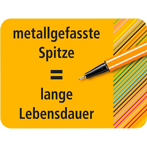 On a yellow background: "metal-clad tip = long lifespan". On the right is an orange and black fineliner.