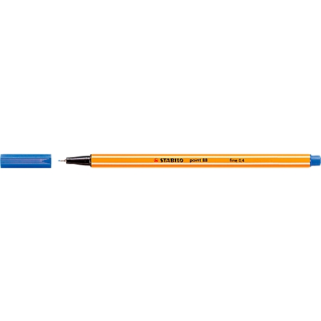 Close-up of an orange highlighter with a blue pen end. The marker says 'Stabilo point 88' in red writing with size information.