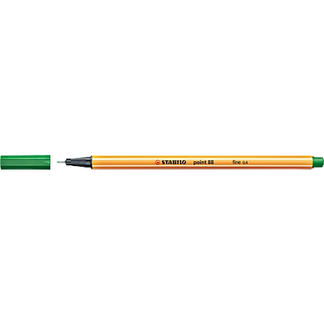 Close-up of a green pen with black tip, gold sleeve and brand name.