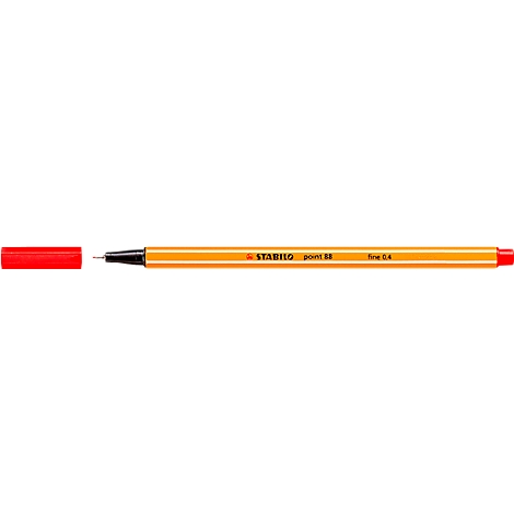 Close-up of an orange Stabilo highlighter with a black tip and red end cap. Printed text: Stabilo Point 88.