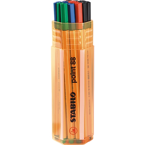Pens in a transparent, hexagonal case, with colored tips. The pens say STABILO point 88.
