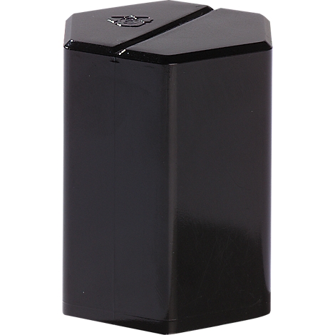 Glossy black, octagonal object, likely electronics part, with small symbol on top.