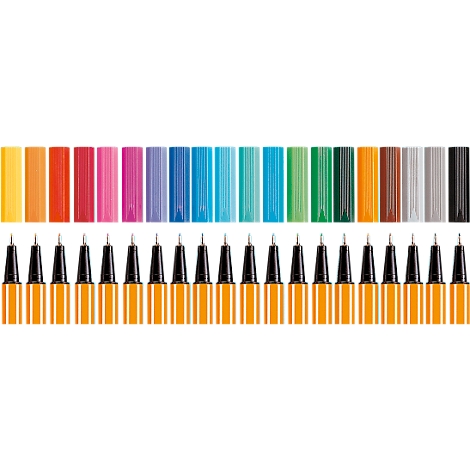 Eine Reihe von 20 bunten Filzstiften in verschiedenen Farben, darunter Gelb, Rot, Blau, Grün, Braun, Grau und Schwarz.