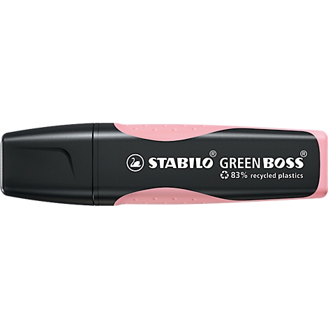 A pink highlighter by Stabilo Green Boss with a black casing.