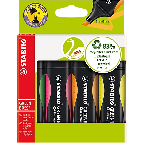A pack of highlighters, with different colors. Logos of STABILO and environmentally friendly materials can be seen on the packaging.
