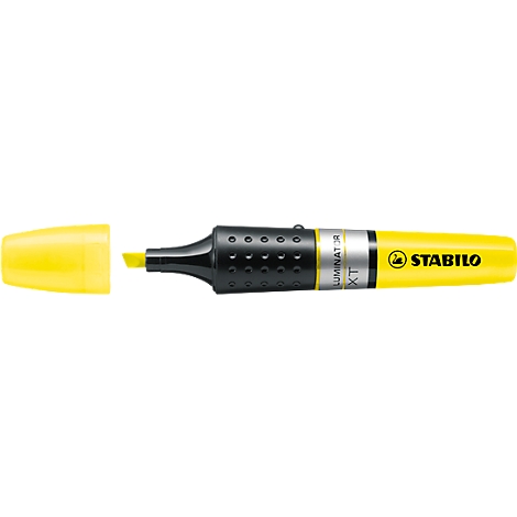 A yellow Stabilo highlighter. Black handle, yellow cap next to it. Text on the pen.